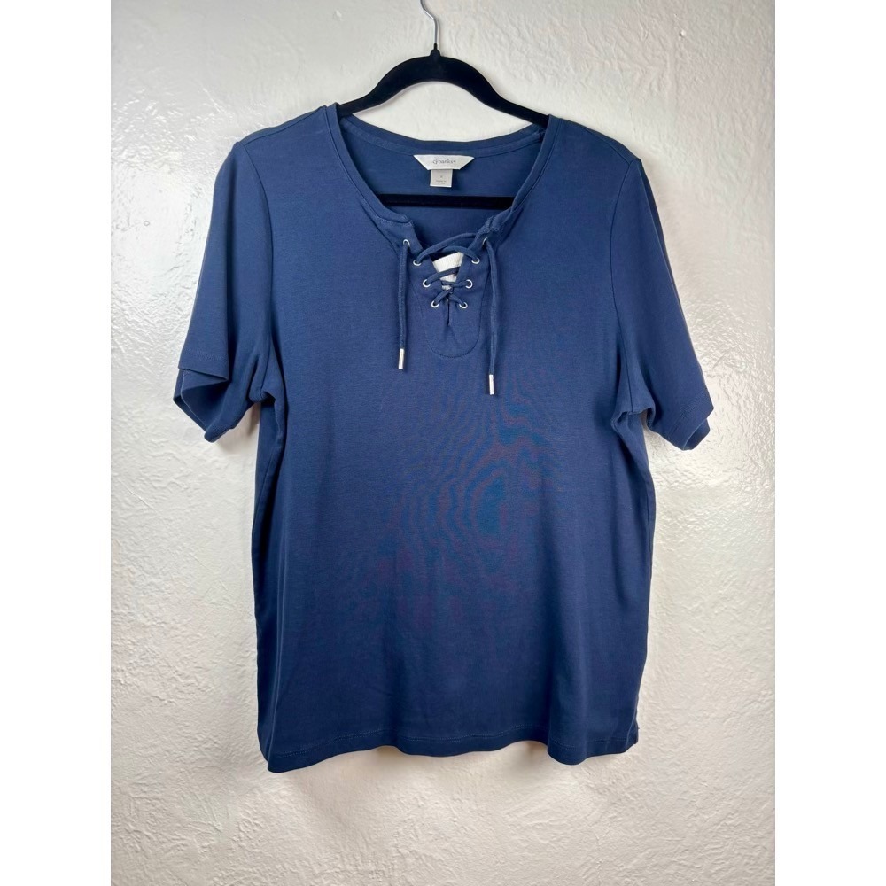 Lace Up Neckline Top Womens X Navy Blue Cotton Knit Nautical Coastal Grandmother